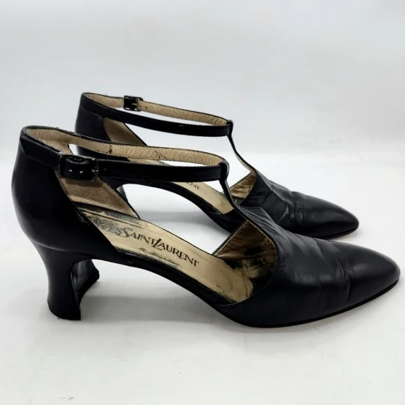 YVES SAINT LAURENT VINTAGE LEATHER T-STRAP ALMOND TOE MARY JANE SHOES BLACK 7.5